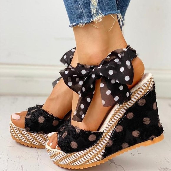 Women Sandals Dot Bowknot Design Platform Wedge Female Casual High Increas Shoes - Picture 1 of 16
